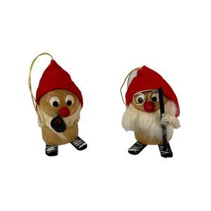 Made in Japan Wooden Skiing Gnomes Christmas Tree Ornaments Handmade Vintage Set